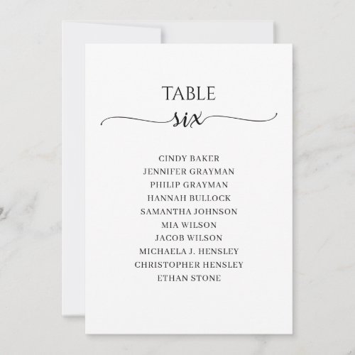 Modern Black Script Table Number 6 Seating Chart