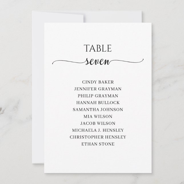 Modern Black Script Table Number 7 Seating Chart (Front)
