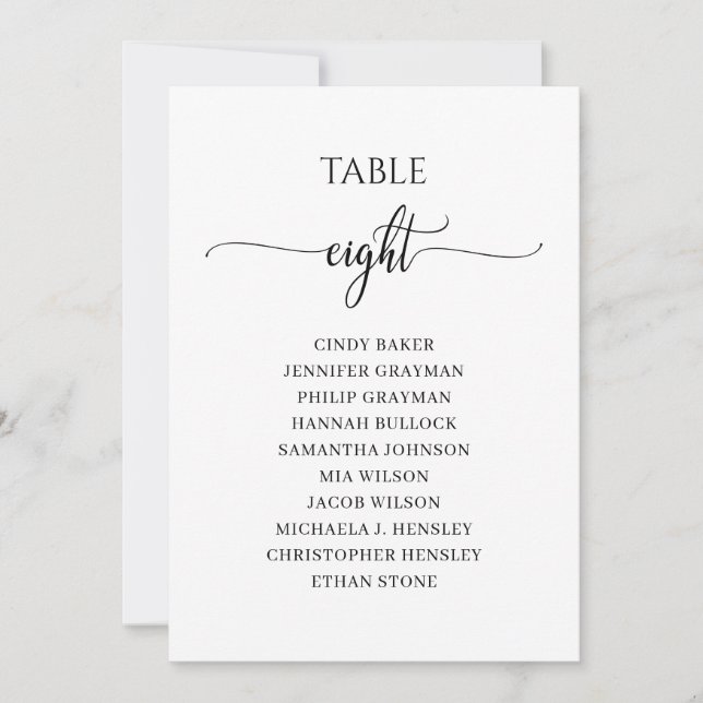 Modern Black Script Table Number 8 Seating Chart (Front)