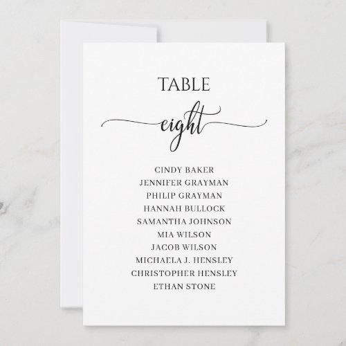 Modern Black Script Table Number 8 Seating Chart