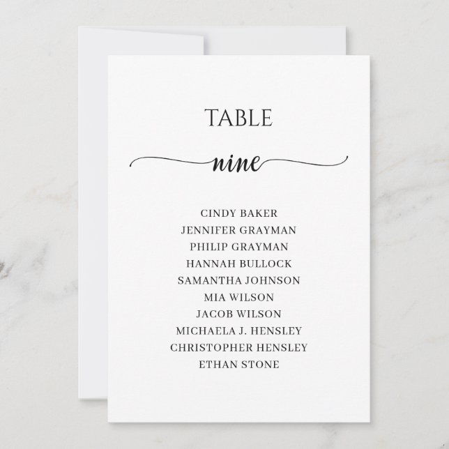 Modern Black Script Table Number 9 Seating Chart (Front)