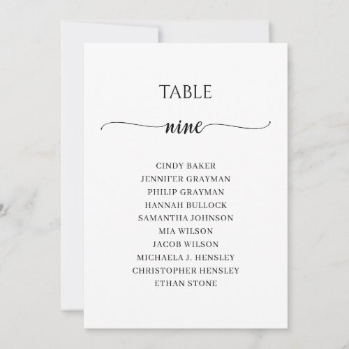 Modern Black Script Table Number 9 Seating Chart