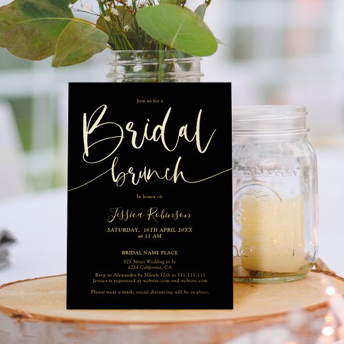 Modern black script trendy bridal brunch gold foil invitation