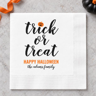 Modern Black Script Trick or Treat Family Name Napkins