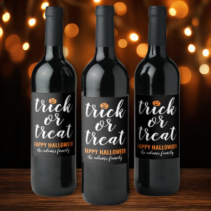 Modern Black Script Trick or Treat Family Name Wine Label