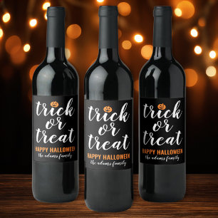 Modern Black Script Trick or Treat Family Name Wine Label