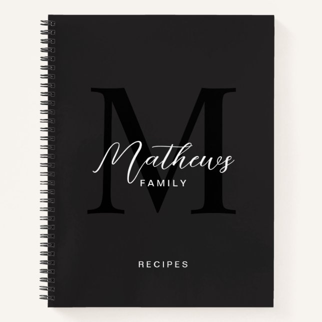 Modern Black Script Typography Monogram Recipe Notebook (Front)