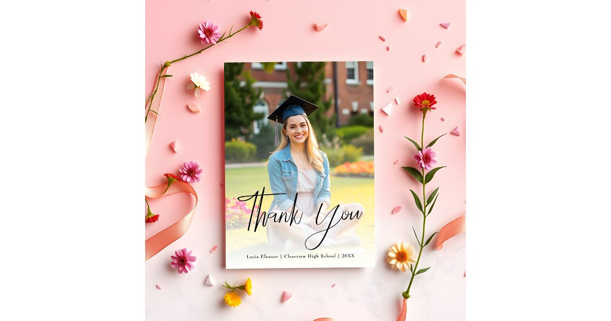Modern Black Script Typography Photo Graduation Thank You Card | Zazzle