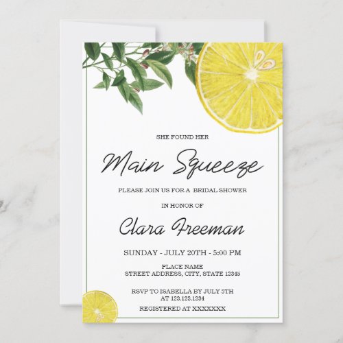 Modern Black Script Watercolor Lemon Bridal Shower Invitation