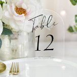 Modern black script wedding acrylic table number<br><div class="desc">Simple, elegant, minimalist hand-lettered black calligraphy script wedding reception personalized clear transparent (or opaque frosted) table card. PLEASE NOTE that to order different numbers you need to customize them and put them in the shopping cart one by one (one card with no 1, another with no 2, etc). You can...</div>