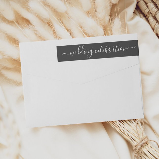 Modern Black Script Wedding Celebration Address Wrap Around Label (Creator Uploaded)