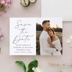 Modern Black Script Wedding Save the Date Letterpress Photo Cards