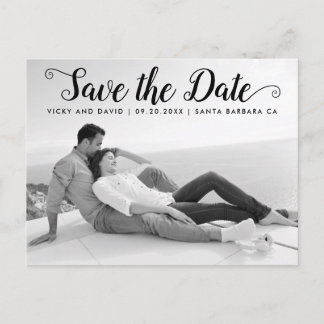Modern black script wedding Save the Date photo Postcard