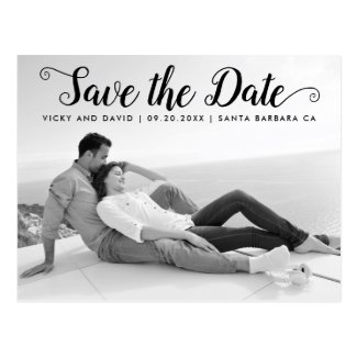 Modern black script wedding Save the Date photo Postcard