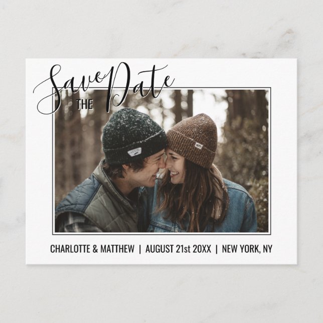 Modern Black Script Wedding SAVE THE DATE w/ PHOTO Announcement Postcard (Front)