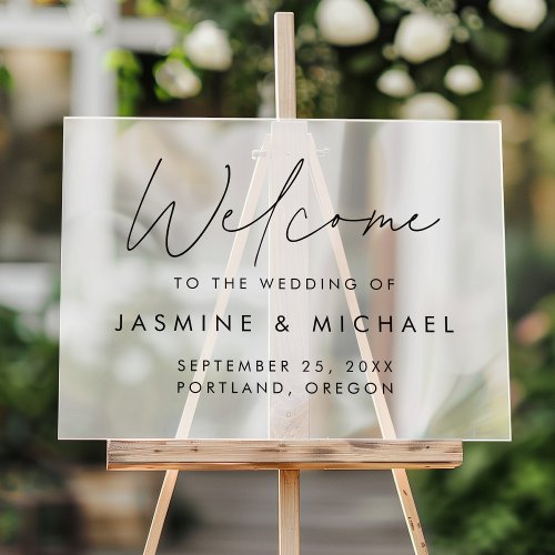 Modern Black Script Wedding Welcome Frosted Acrylic Sign