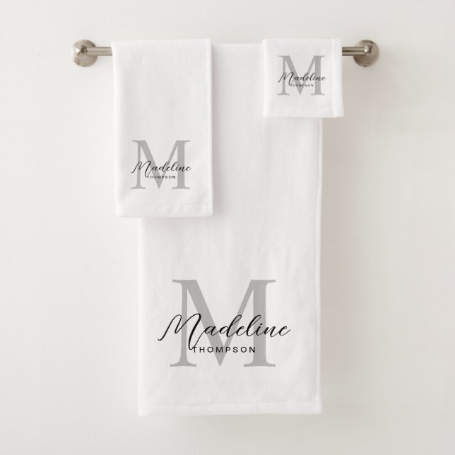 Modern Black Script White Gray Initial Monogram Bath Towel Set (Insitu)