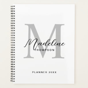 Modern Black Script White Gray Initial Monogram Planner