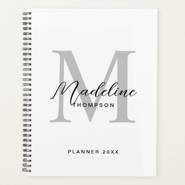 Modern Black Script White Gray Initial Monogram Planner (Front)