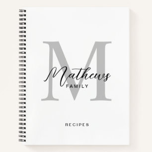 Modern Black Script White Gray Monogram Recipe Notebook