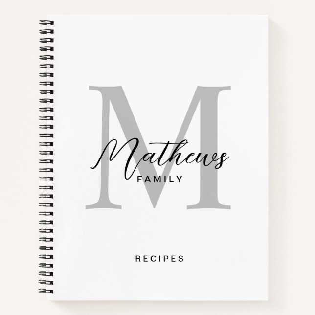 Modern Black Script White Gray Monogram Recipe Notebook (Front)