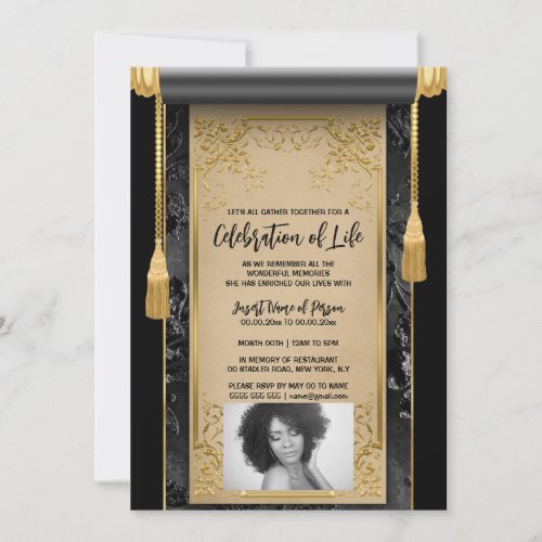 Modern black scroll tassels black white photo invitation