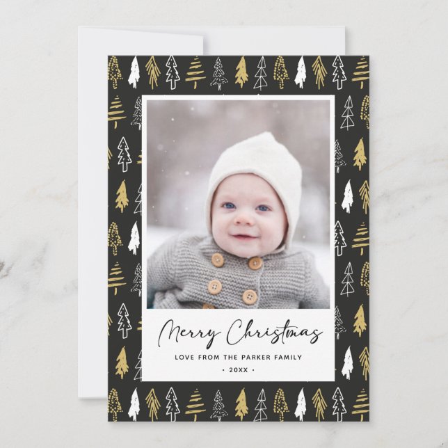 Modern Black Seamless Gold White Forest Pine Tree  Holiday Card (Front)