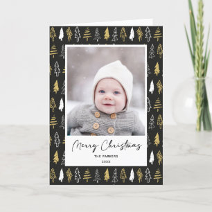 Modern Black Seamless Gold White Forest Pine Tree Holiday Card