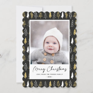 Modern Black Seamless Gold White Forest Pine Tree Holiday Card