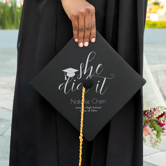 Modern Black She did It Elegant Graduation  Graduation Cap Topper (Creator Uploaded)