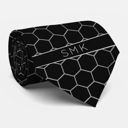 Modern Black Silv Foil Geometric Monogram Neck Tie
