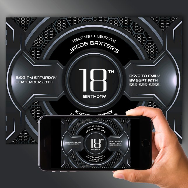 Modern Black Silver 18th Birthday Party Invitation (Creator Uploaded)