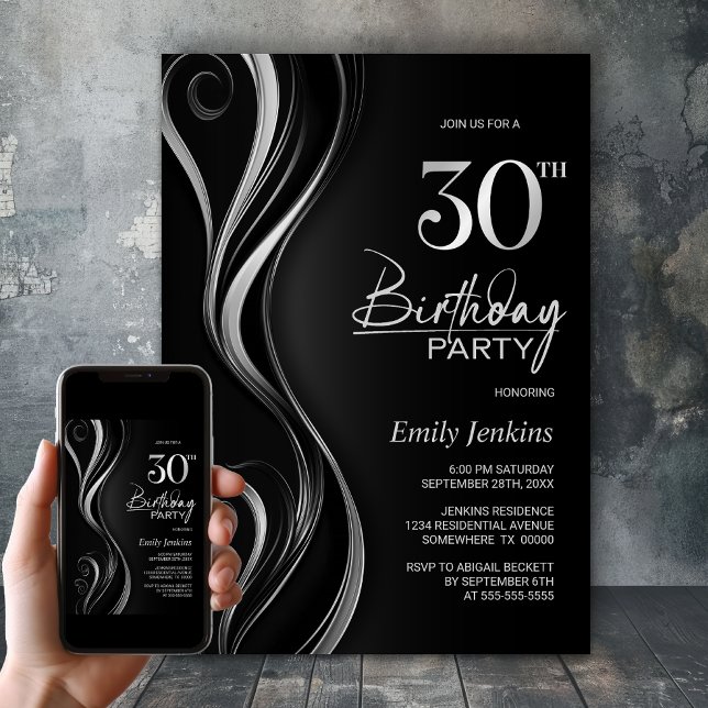 Modern Black Silver 30th Birthday Party Invitation (Creator Uploaded)