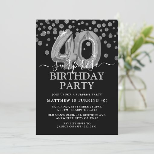 Modern Black & Silver 40th Surprise Birthday Party Invitation | Zazzle