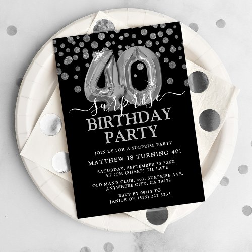 Modern Black  Silver 40th Surprise Birthday Party Invitation