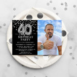 Modern Black & Silver 40th Surprise Birthday Photo Invitation<br><div class="desc">Modern black and silver surprise birthday party invitation for someone who is turning 40! Featuring a black background,  a photograph of the birthday man/woman,  faux silver glitter confetti,  silver 40th birthday balloons and an elegant birthday template that is easy to customize.</div>