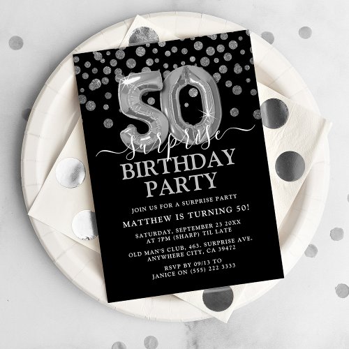 Modern Black  Silver 50th Surprise Birthday Party Invitation