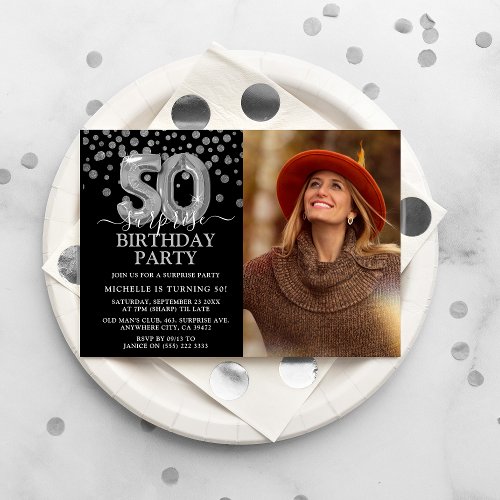 Modern Black  Silver 50th Surprise Birthday Photo Invitation