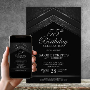 Modern Black Silver 55th Birthday Party Invitation