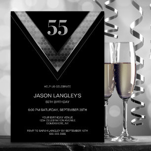 Modern Black Silver 55th Birthday Party Invitation