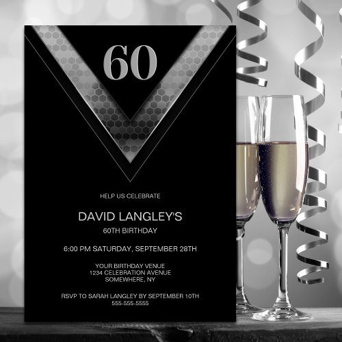 Modern Black Silver 60th Birthday Party Invitation