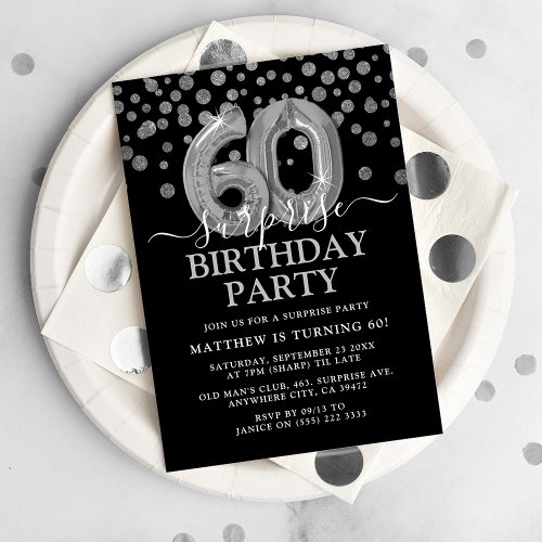 Modern Black  Silver 60th Surprise Birthday Party Invitation