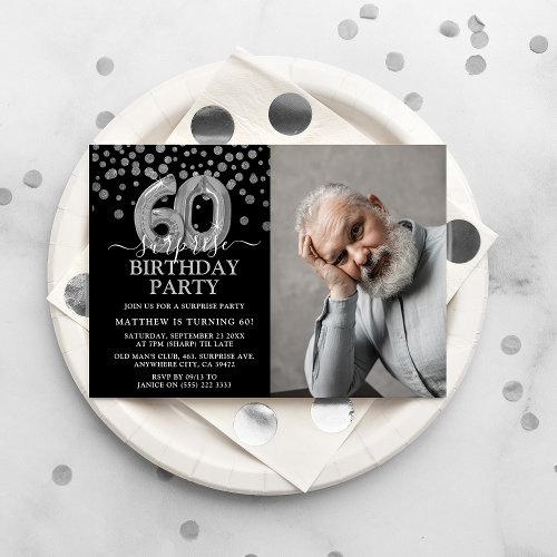 Modern Black  Silver 60th Surprise Birthday Photo Invitation