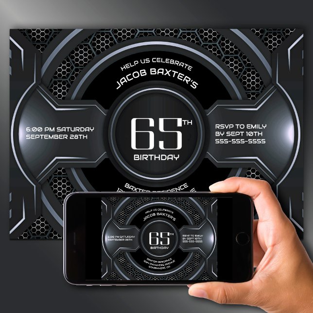 Modern Black Silver 65th Birthday Party Invitation (Creator Uploaded)