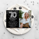Modern Black & Silver 70th Surprise Birthday Photo Invitation<br><div class="desc">Modern black and silver surprise birthday party invitation for someone who is turning 70! Featuring a black background,  a photograph of the birthday man/woman,  faux silver glitter confetti,  silver 70th birthday balloons and an elegant birthday template that is easy to customize.</div>