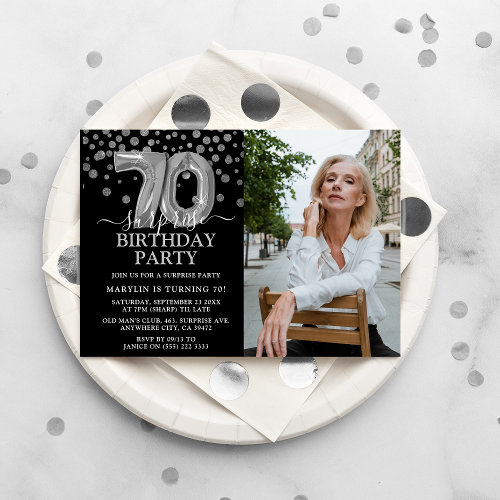 Modern Black & Silver 70th Surprise Birthday Photo
