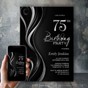 Modern Black Silver 75th Birthday Party Invitation