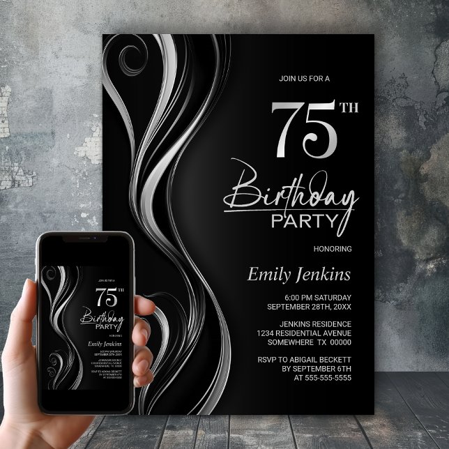 Modern Black Silver 75th Birthday Party Invitation (Creator Uploaded)