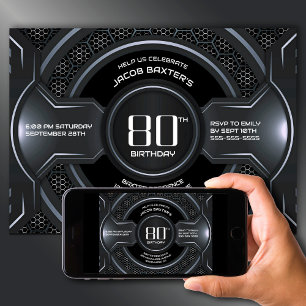 Modern Black Silver 80th Birthday Party Invitation