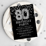 Modern Black & Silver 80th Surprise Birthday Party Invitation<br><div class="desc">Modern black and silver surprise birthday party invitation for someone turning eighty! Featuring a black background,  faux silver glitter confetti,  silver 80th birthday balloons and an elegant birthday template that is easy to customize.</div>